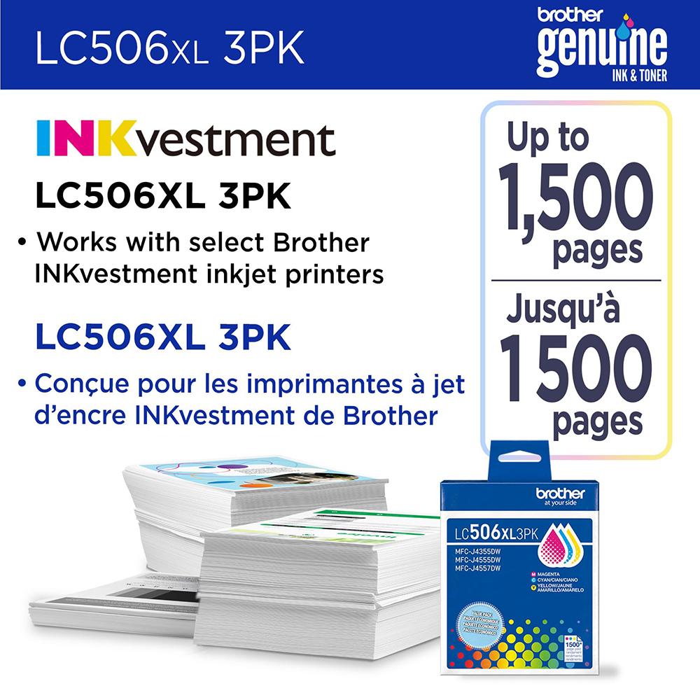 Brother Genuine LC506XL3PKS 3-Pack High Yield Color Ink Cartridges - Cyan/Magenta/Yellow