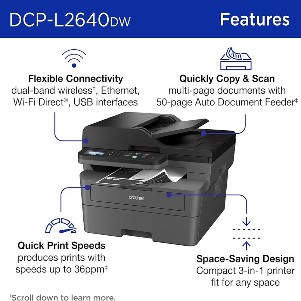 Brother Wireless DCP-L2640DW Compact Monochrome Multi-Function Laser Printer