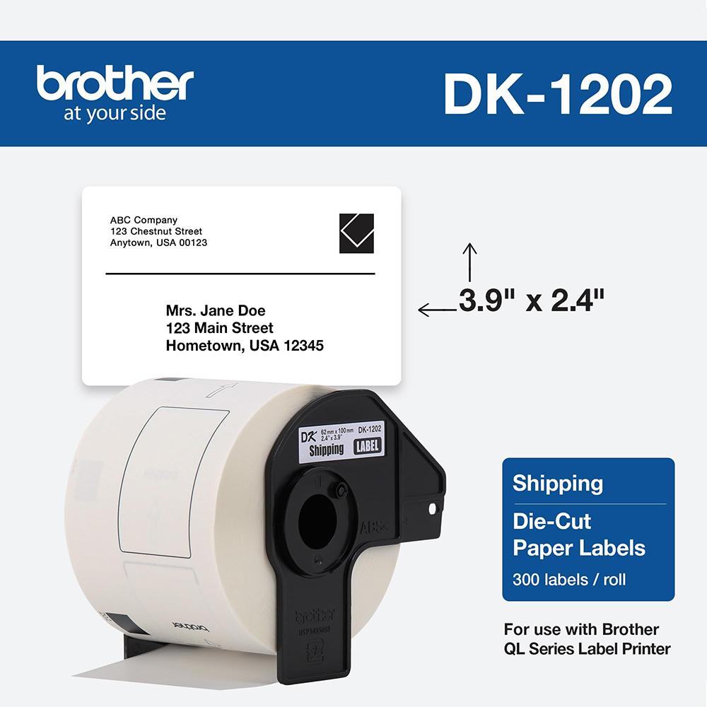 Brother DK1202 2.4 in x 3.9 in (62 mm x 100 mm) Shipping White Paper Labels (300 Labels)
