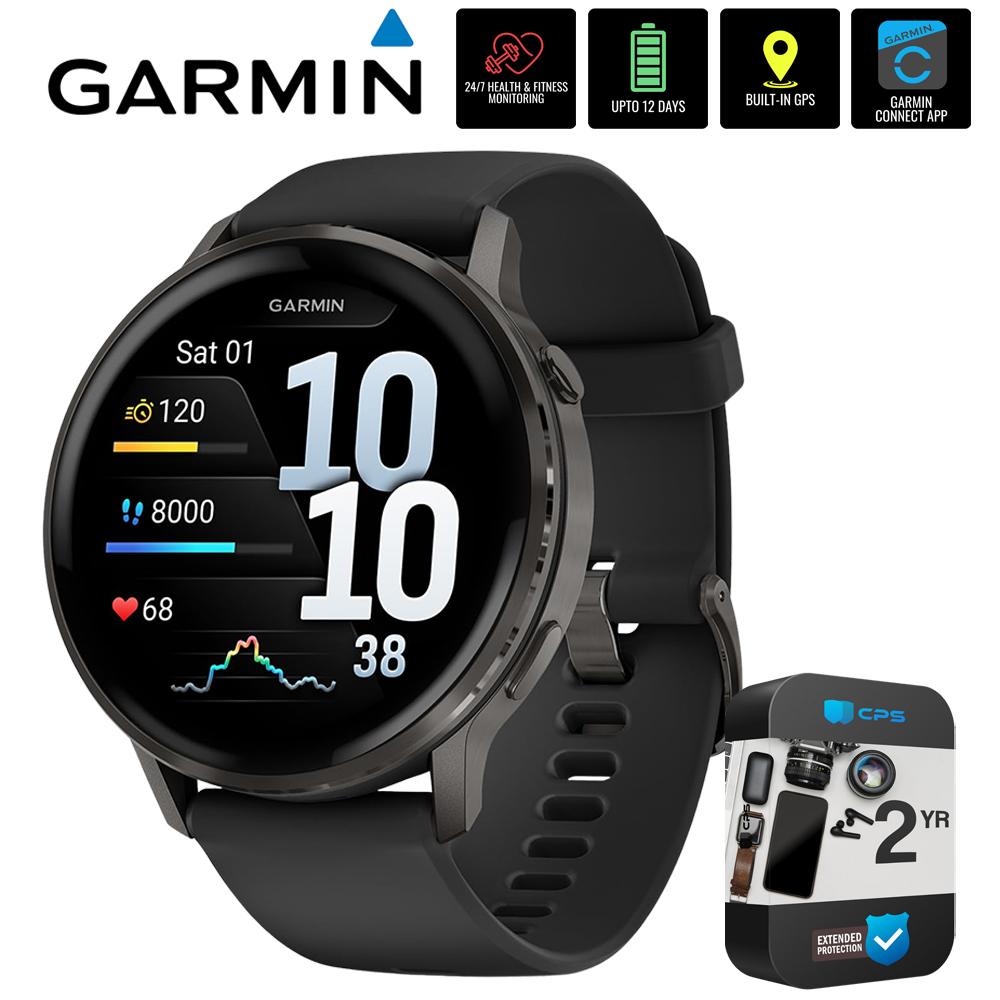 Garmin Venu 4 45 mm GPS Smartwatch, Slate with Black Silicone Band +2YR Warranty Bundle