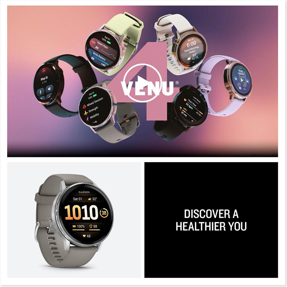 Garmin Venu 4 45mm GPS Smartwatch, Silver with Silver Gray Band +2YR Warranty Bundle