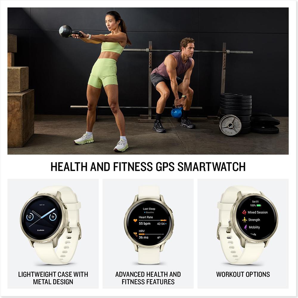 Garmin Venu 4 41mm GPS Smartwatch, Lunar Gold w/Bone Silicone Band +2YR Warranty Bundle