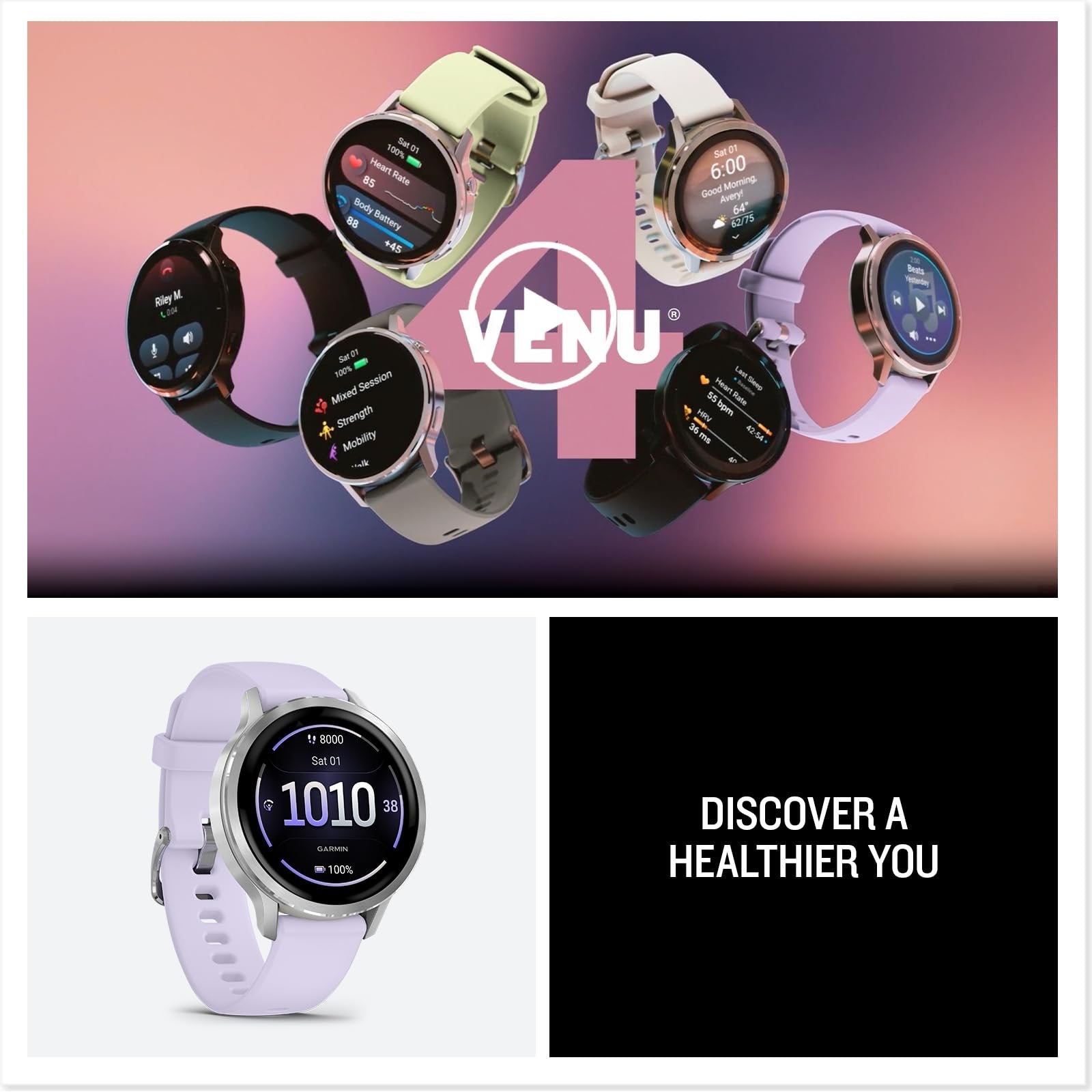 Garmin Venu 4,41mm Health & Fitness GPS Smartwatch Silver with Periwinkle Silicone Band