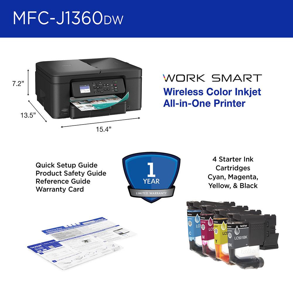 Brother Work Smart 1360 Wireless Color Inkjet All-in-One Printer + Color Cartridges