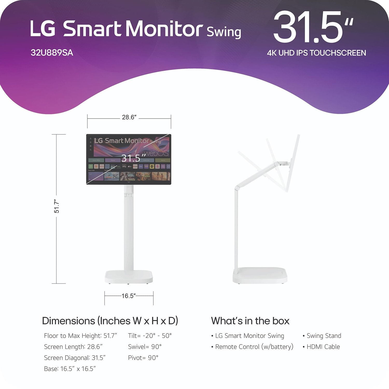 LG 32 Inch 4K UHD IPS Touchscreen Smart Monitor Swing with Rolling Stand