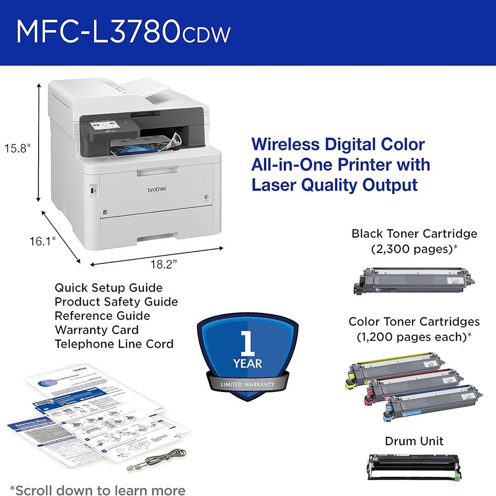 Brother MFCL3780CDW Digital Color All-in-One Laser Printer + 26 Months Protection Bundle