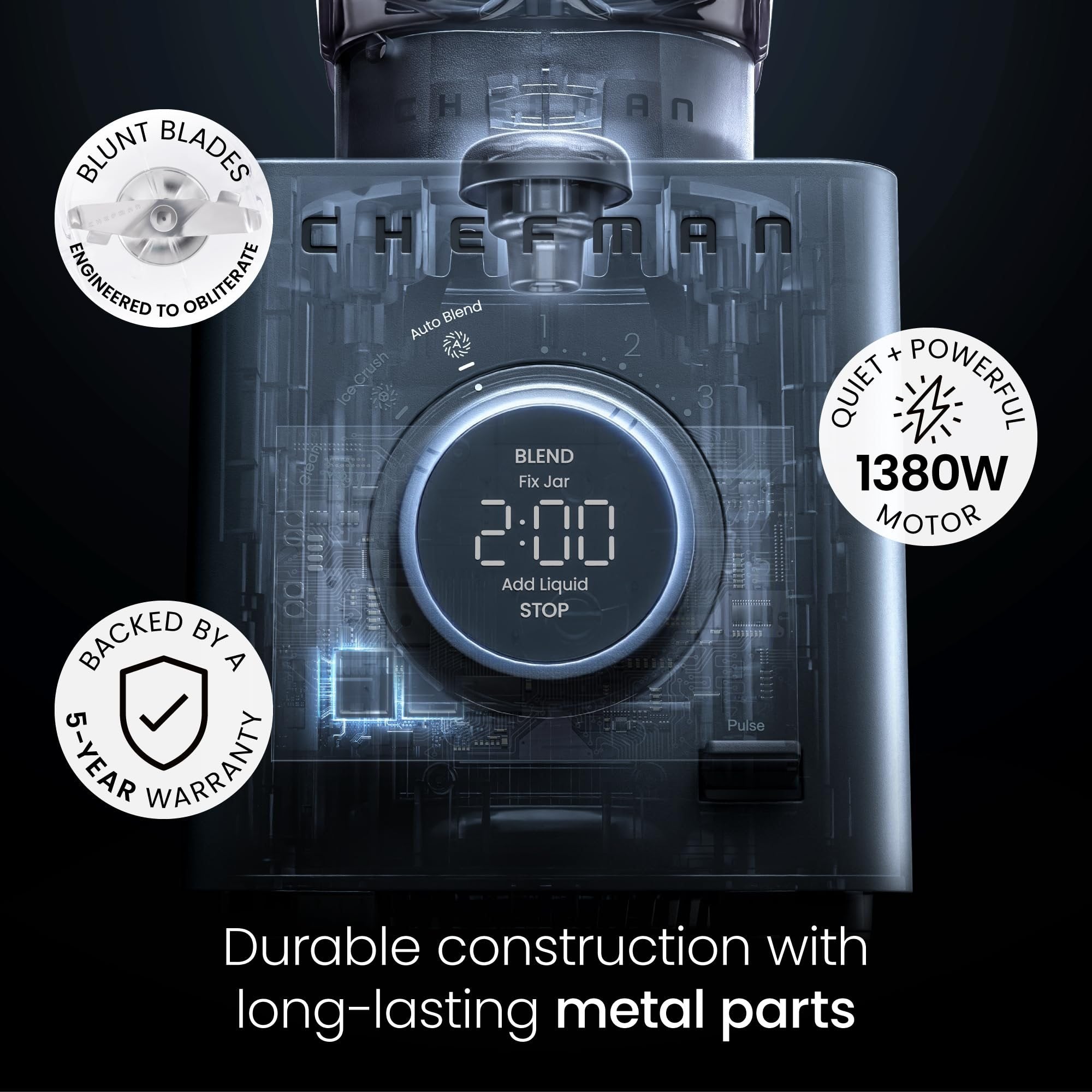 Chefman Obliterator 48 oz 1380 Watt Countertop Blender + Travel Jar - Midnight