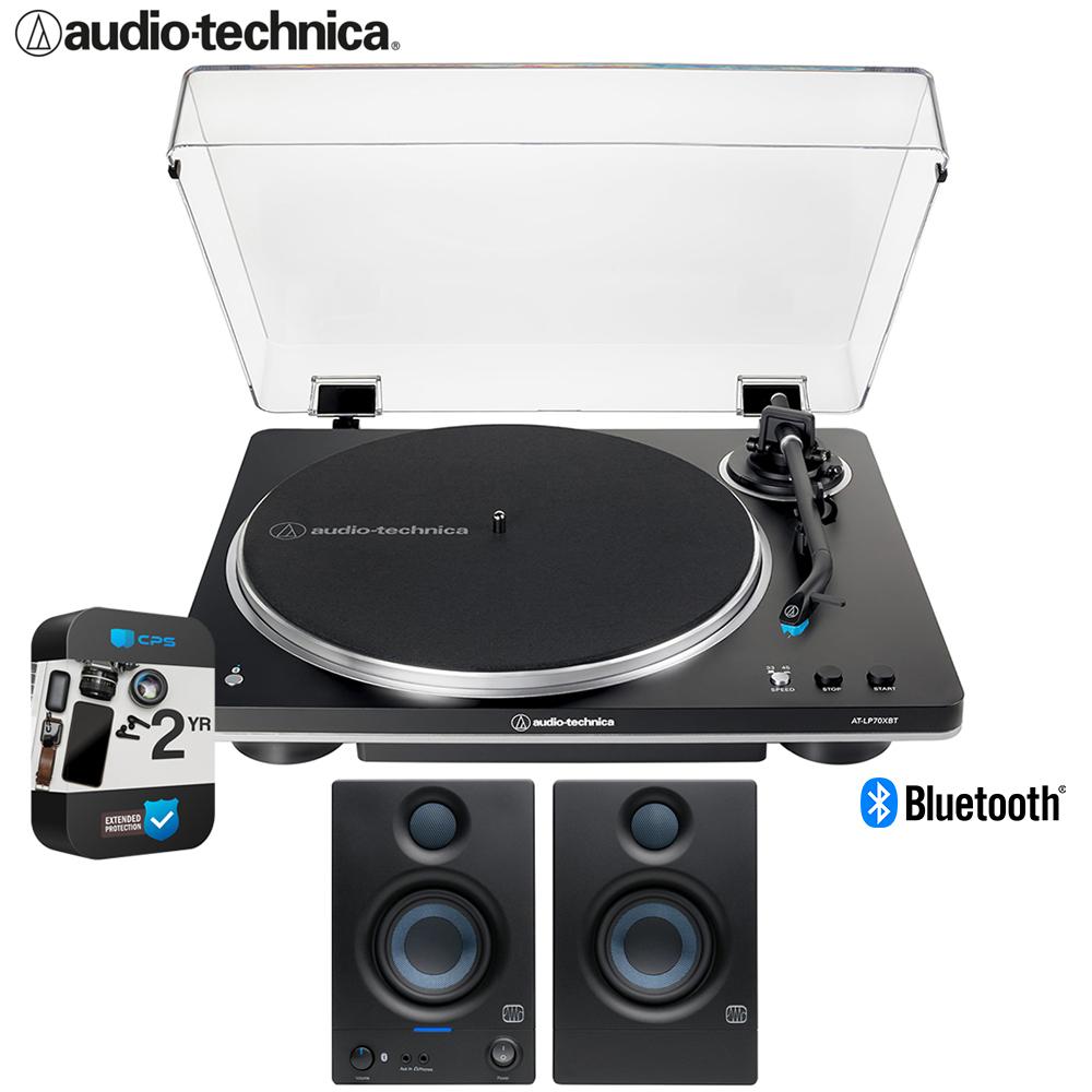 Audio-Technica AT-LP70XBT-BS Wireless Turntable + Eris 3.5BT Monitors + 2 YR Warranty Bundle